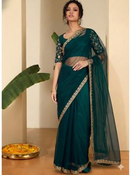 INDDUS - Women Zari and Sequined Embroidered Border Teal Saree with Unstitched Blouse
