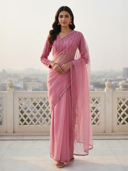 INDDUS - Women Sequined Mirror work Border Pink Saree with Unstitched Blouse