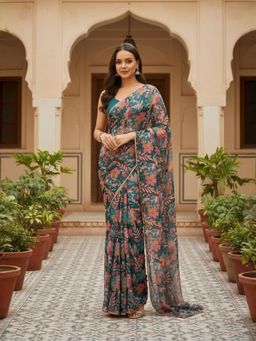 INDDUS - Women Floral Printed Teal Saree with Unstitched Blouse