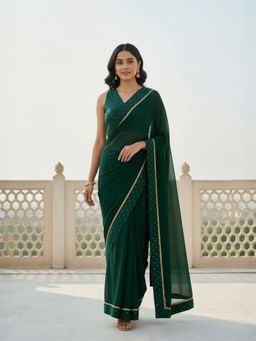 INDDUS - Women Zari Woven Design Green Saree with Unstitched Blouse