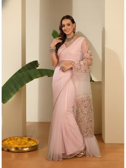INDDUS - Women Floral Embroidered Ruffle Pink Saree with Unstitched Blouse