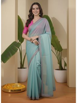 INDDUS - Women Sequined Embroidered Border Blue Saree with Unstitched Blouse