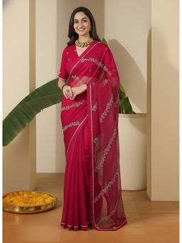INDDUS - Women Floral and Sequined Embroidered Red Saree with Unstitched Blouse