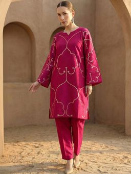 ISHIN - Women Rich Pink Art Silk Straight Co-Ord Set