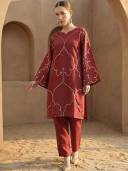 ISHIN - Women Rich Brown Art Silk Straight Co-Ord Set