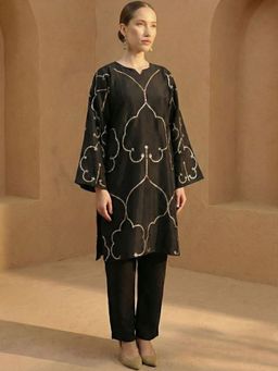 ISHIN - Women Rich Black Art Silk Straight Co-Ord Set