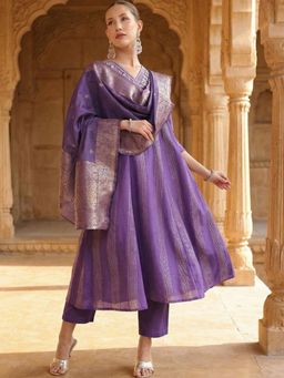 ISHIN - Women Rich Purple Embroidered A- Line Kurta with Pant and Dupatta