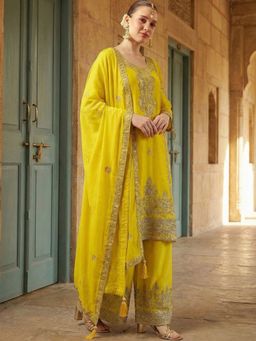 ISHIN - Women Rich Yellow Embroidered Straight Kurta with Palazzo