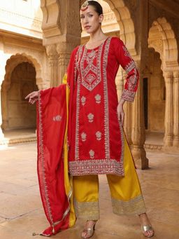 ISHIN - Women Rich Red Embroidered Straight Kurta with Pant and Dupatta