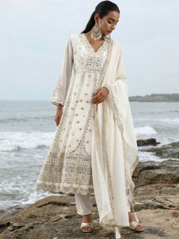 ISHIN - Women Rich Off White Embroidered Anarkali Kurta with Pant and Dupatta