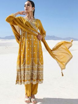 ISHIN - Women Rich Mustard Embroidered Anarkali Kurta with Pant and Dupatta