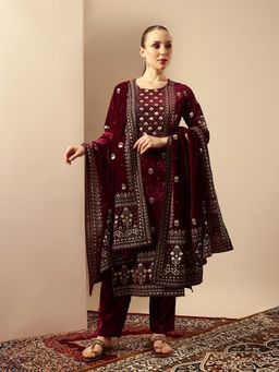 ISHIN - Women Rich Wine Velvet Embroidered Straight Kurta with Pant and Dupatta