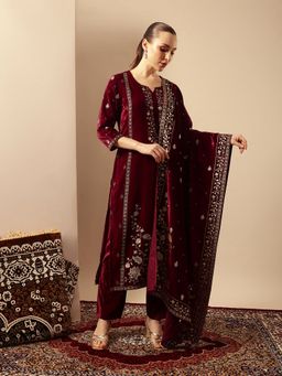 ISHIN - Women Rich Wine Velvet Embroidered Straight Kurta with Pant and Dupatta