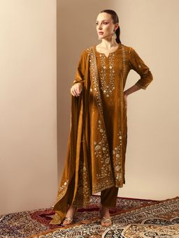 ISHIN - Women Rich Gold Velvet Embroidered Straight Kurta with Pant and Dupatta