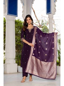 Meeranshi - Women Purple Embroidered Sweetheart Neck Zari Kurta with Pant and Dupatta