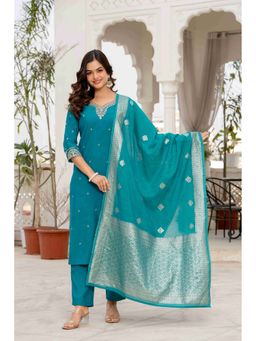 Meeranshi - Women Teal Embroidered Sweetheart Neck Zari Kurta with Pant and Dupatta