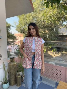 GOODHAND - Pink Cotton Floral Printed Quilted Jacket