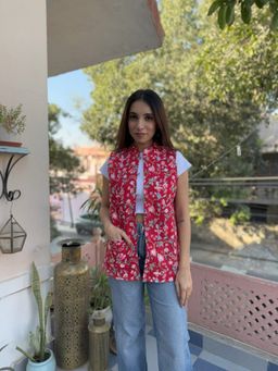 GOODHAND - Red Cotton Floral Printed Quilted Jacket