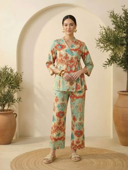 IMANA - Women Turquoise Ikkat Printed Pure Cotton Co-Ord Set