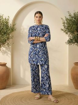IMANA - Women Blue Floral Printed Pure Cotton Co-Ord Set