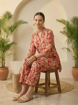 IMANA - Red Floral Printed Pure Cotton V-neck Co-Ord Set