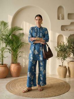 IMANA - Women Indigo Floral Printed Cotton Pleated Co-Ord Set