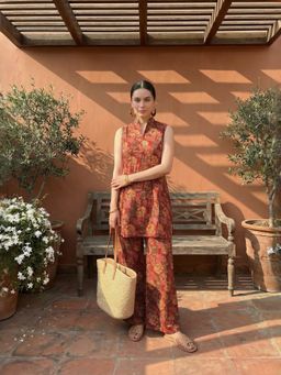 IMANA - Women Maroon Hand Block Print Pure Cotton Sleeveless Co-Ord Set