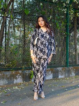 IMANA - Women Black Floral Print Cotton Lace Detail Co-Ord Set