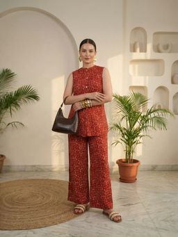 IMANA - Women Maroon Printed Pure Cotton Sleeveless Co-Ord Set