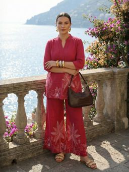 IMANA - Women Red Pure Cotton Mandarin Collar Co-Ord Set