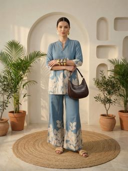 IMANA - Women Blue Pure Cotton Mandarin Collar Co-Ord Set