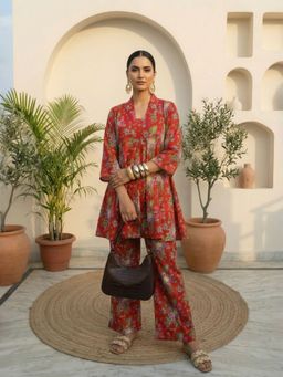 IMANA - Women Red Hand Block Print Cotton Co-Ord Set