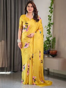 ALMAARI FASHION - Women Floral Yellow Saree with Unstitched Blouse