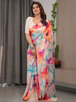 ALMAARI FASHION - Floral White Saree with Unstitched Blouse