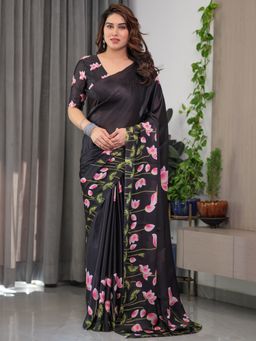 ALMAARI FASHION - Women Black Floral Satin Saree with Unstitched Blouse