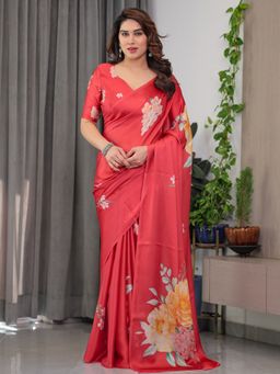 ALMAARI FASHION - Women Floral Red Saree with Unstitched Blouse