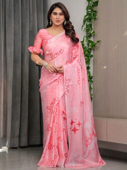 ALMAARI FASHION - Women Typography Pink Saree with Unstitched Blouse