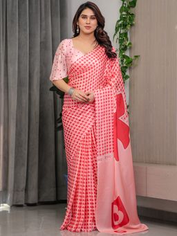 ALMAARI FASHION - Women Satin Printed Pink Saree with Unstitched Blouse