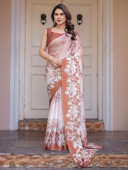 ALMAARI FASHION - Women Floral Satin Beige Saree with Unstitched Blouse