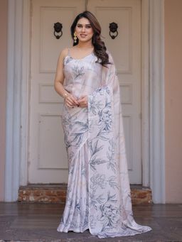 ALMAARI FASHION - Women Floral Satin White Saree with Unstitched Blouse