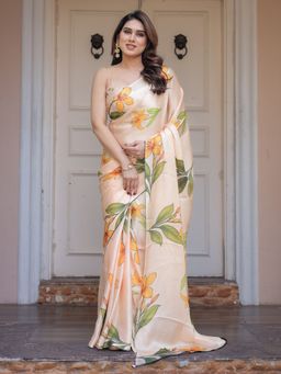 ALMAARI FASHION - Women Satin Beige Saree with Unstitched Blouse