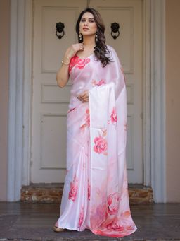 ALMAARI FASHION - Women Off White Floral Satin Saree with Unstitched Blouse