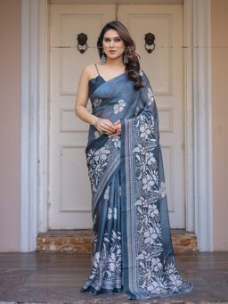 ALMAARI FASHION - Women Floral Satin Blue Saree with Unstitched Blouse