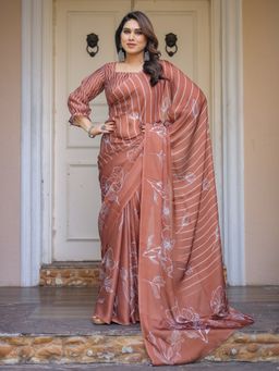 ALMAARI FASHION - Women Stripes Brown Saree with Unstitched Blouse