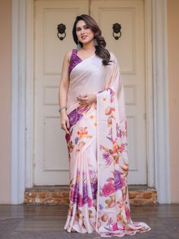 ALMAARI FASHION - Women Satin Off White Saree with Unstitched Blouse