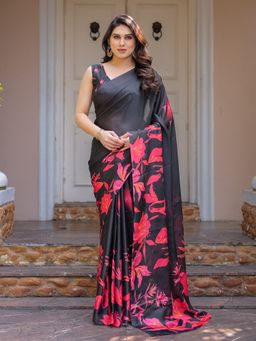 ALMAARI FASHION - Women Floral Black Saree with Unstitched Blouse