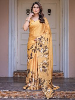 ALMAARI FASHION - Women Floral Mustard Saree with Unstitched Blouse