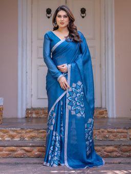 ALMAARI FASHION - Women Floral Blue Saree with Unstitched Blouse