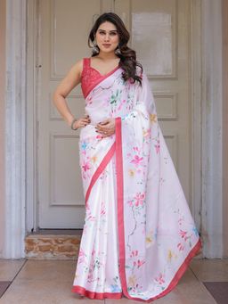 ALMAARI FASHION - Women Satin Floral White Saree with Unstitched Blouse