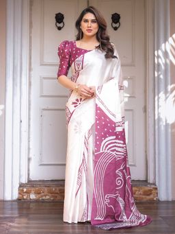 ALMAARI FASHION - Women Satin Printed White Saree with Unstitched Blouse
